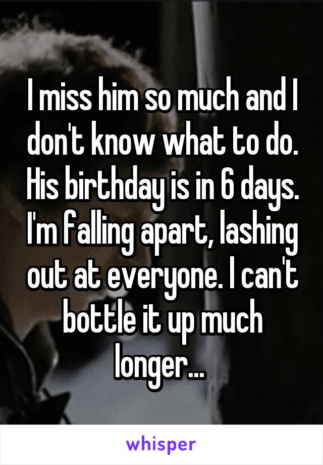 I miss him so much and I don't know what to do. His birthday is in 6 days. I'm falling apart, lashing out at everyone. I can't bottle it up much longer... 