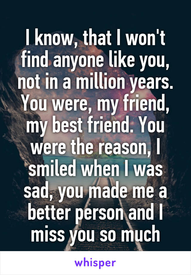 I know, that I won't find anyone like you, not in a million years. You were, my friend, my best friend. You were the reason, I smiled when I was sad, you made me a better person and I miss you so much