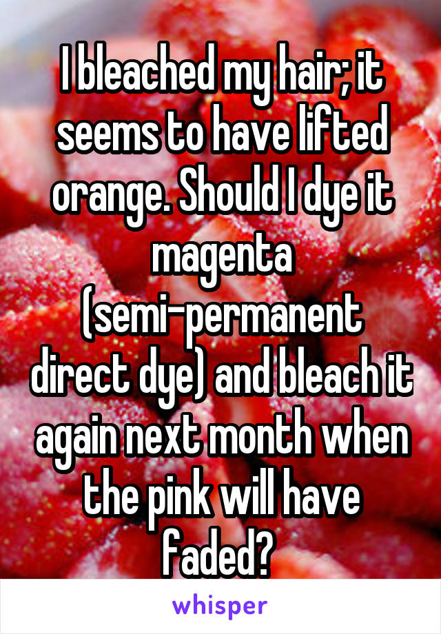 I bleached my hair; it seems to have lifted orange. Should I dye it magenta (semi-permanent direct dye) and bleach it again next month when the pink will have faded? 