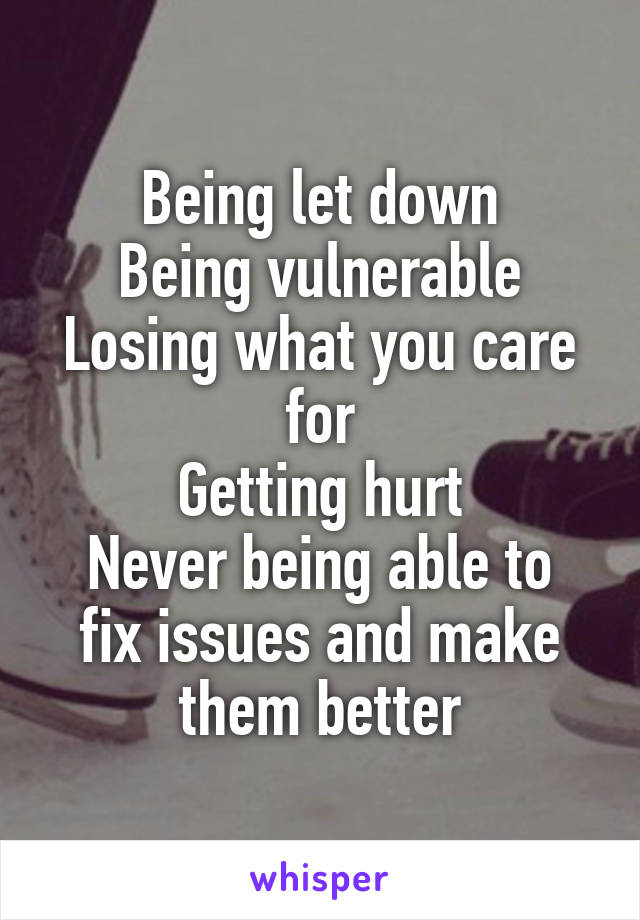 Being let down
Being vulnerable
Losing what you care for
Getting hurt
Never being able to fix issues and make them better