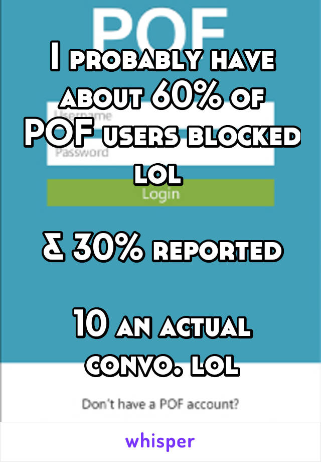 I probably have about 60% of POF users blocked lol 

& 30% reported

10 an actual convo. lol
