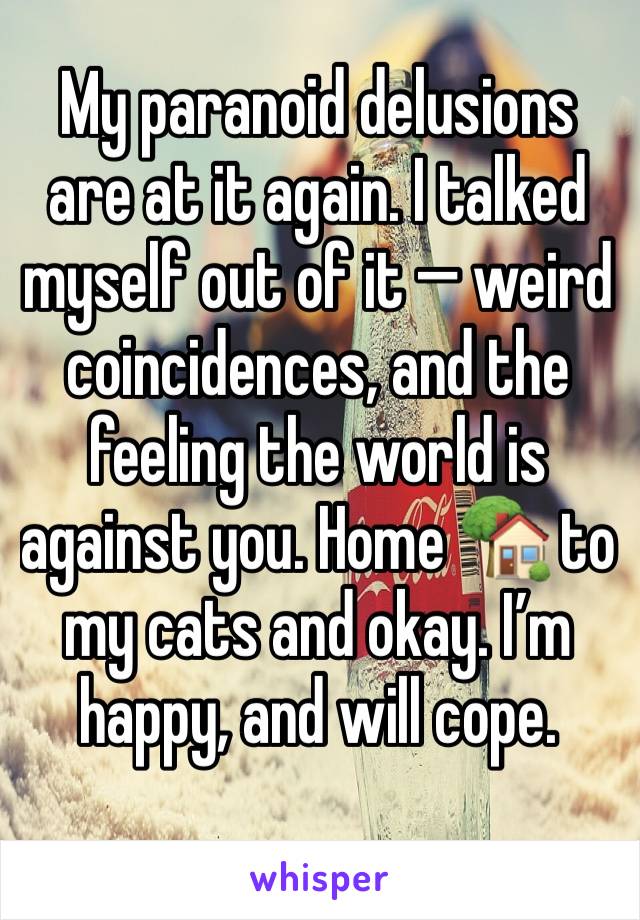 My paranoid delusions are at it again. I talked myself out of it — weird coincidences, and the feeling the world is against you. Home 🏡 to my cats and okay. I’m happy, and will cope.