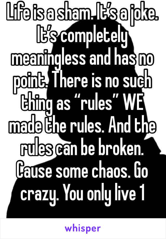 Life is a sham. It’s a joke. It’s completely meaningless and has no point. There is no such thing as “rules” WE made the rules. And the rules can be broken. Cause some chaos. Go crazy. You only live 1