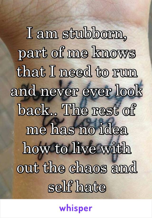 I am stubborn, part of me knows that I need to run and never ever look back.. The rest of me has no idea how to live with out the chaos and self hate