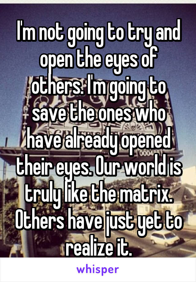 I'm not going to try and open the eyes of others. I'm going to save the ones who have already opened their eyes. Our world is truly like the matrix. Others have just yet to realize it.