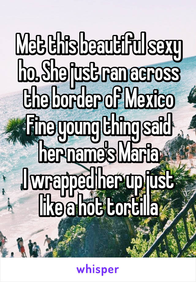 Met this beautiful sexy ho. She just ran across the border of Mexico
Fine young thing said her name's Maria
I wrapped her up just like a hot tortilla
