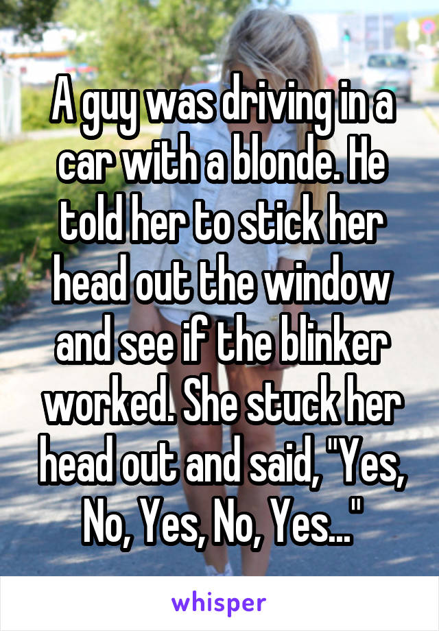 A guy was driving in a car with a blonde. He told her to stick her head out the window and see if the blinker worked. She stuck her head out and said, "Yes, No, Yes, No, Yes..."