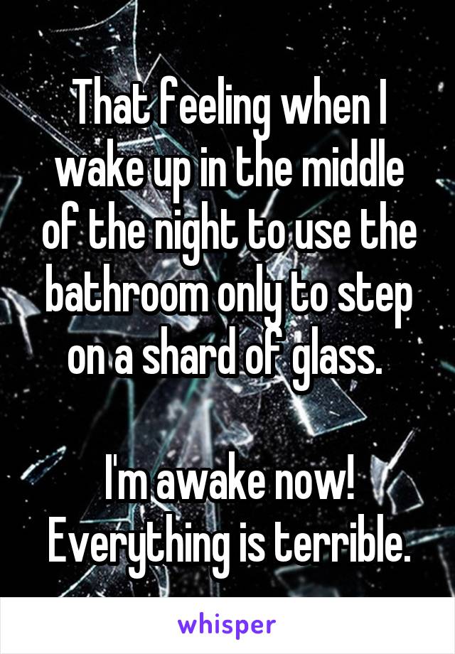 That feeling when I wake up in the middle of the night to use the bathroom only to step on a shard of glass. 

I'm awake now! Everything is terrible.