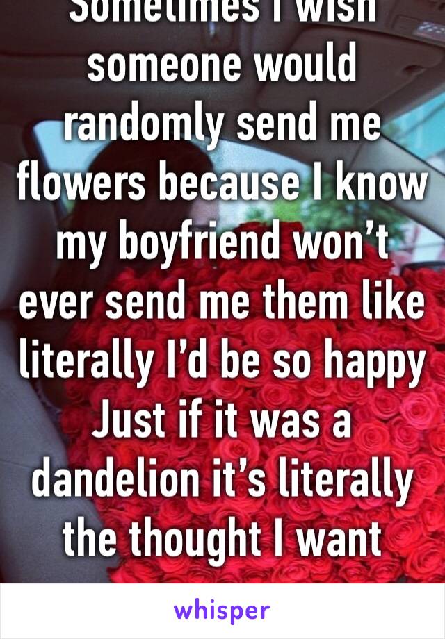 Sometimes I wish someone would randomly send me flowers because I know my boyfriend won’t ever send me them like literally I’d be so happy Just if it was a dandelion it’s literally the thought I want