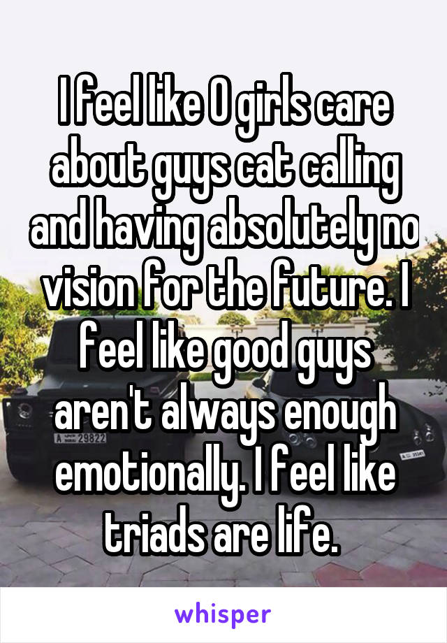 I feel like 0 girls care about guys cat calling and having absolutely no vision for the future. I feel like good guys aren't always enough emotionally. I feel like triads are life. 