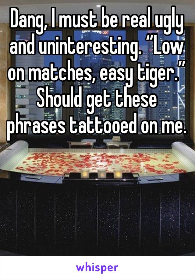 Dang, I must be real ugly and uninteresting. “Low on matches, easy tiger.” Should get these phrases tattooed on me. 