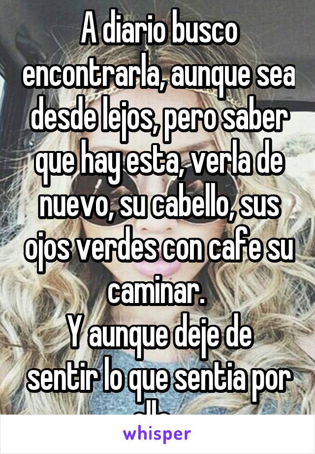 A diario busco encontrarla, aunque sea desde lejos, pero saber que hay esta, verla de nuevo, su cabello, sus ojos verdes con cafe su caminar. 
Y aunque deje de sentir lo que sentia por ella...