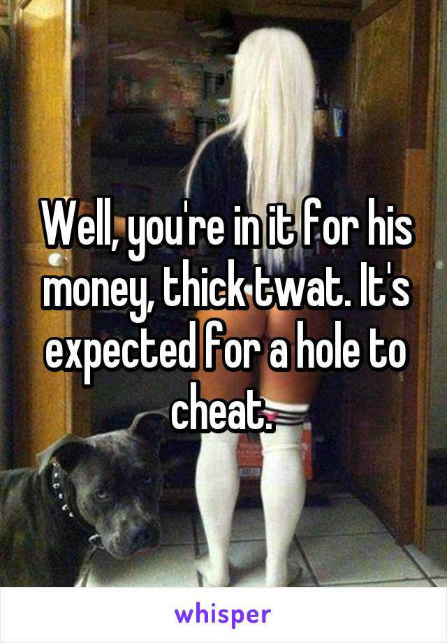 Well, you're in it for his money, thick twat. It's expected for a hole to cheat. 