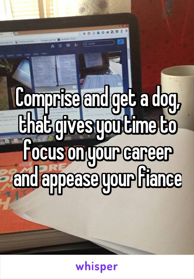 Comprise and get a dog, that gives you time to focus on your career and appease your fiance