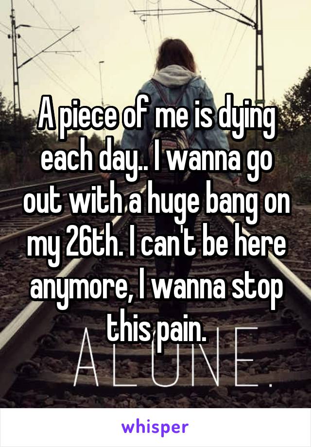 A piece of me is dying each day.. I wanna go out with a huge bang on my 26th. I can't be here anymore, I wanna stop this pain.