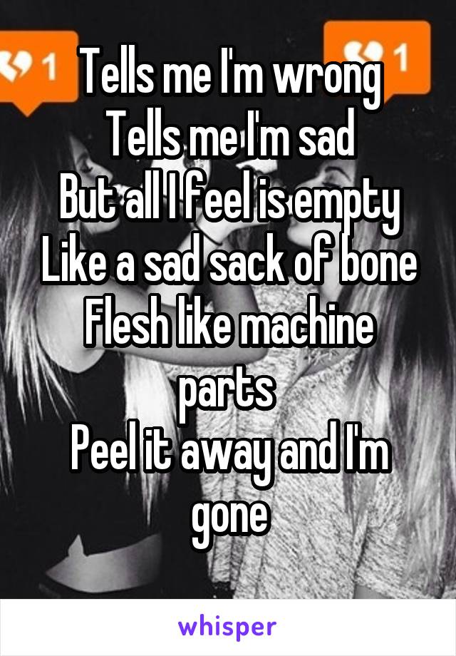 Tells me I'm wrong
Tells me I'm sad
But all I feel is empty
Like a sad sack of bone
Flesh like machine parts 
Peel it away and I'm gone
