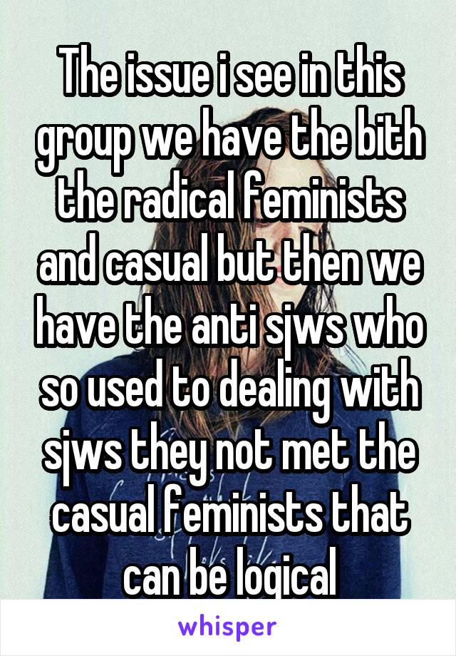 The issue i see in this group we have the bith the radical feminists and casual but then we have the anti sjws who so used to dealing with sjws they not met the casual feminists that can be logical