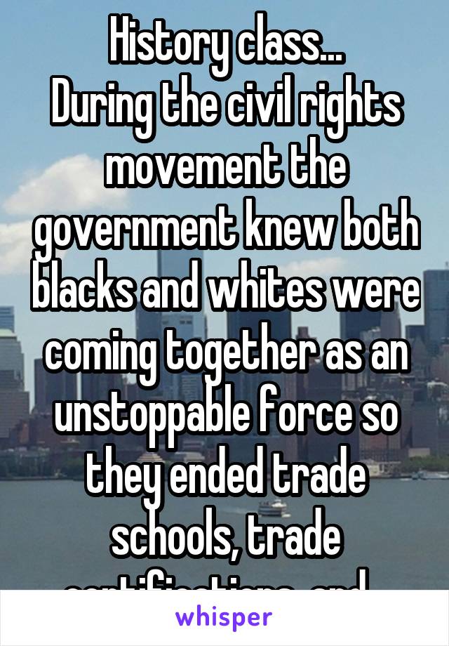 History class...
During the civil rights movement the government knew both blacks and whites were coming together as an unstoppable force so they ended trade schools, trade certifications, and...