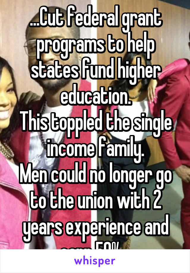 ...Cut federal grant programs to help states fund higher education.
This toppled the single income family.
Men could no longer go to the union with 2 years experience and earn 50%...