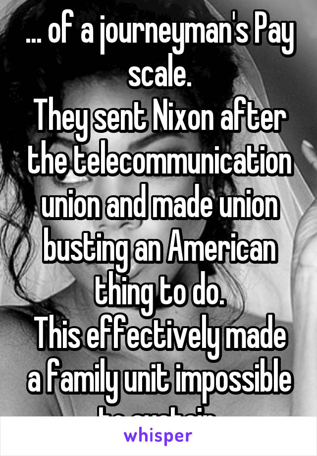 ... of a journeyman's Pay scale.
They sent Nixon after the telecommunication union and made union busting an American thing to do.
This effectively made a family unit impossible to sustain.