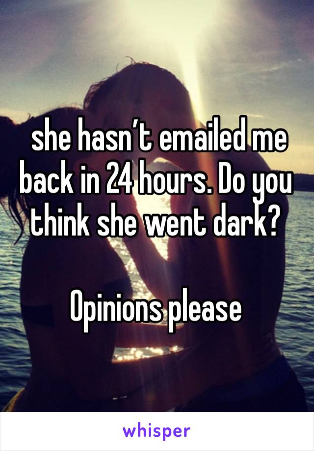  she hasn’t emailed me back in 24 hours. Do you think she went dark? 

Opinions please