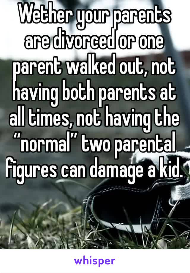 Wether your parents are divorced or one parent walked out, not having both parents at all times, not having the “normal” two parental figures can damage a kid.