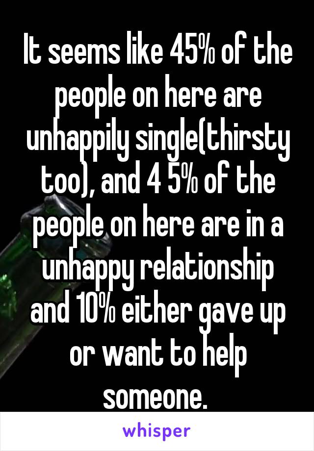 It seems like 45% of the people on here are unhappily single(thirsty too), and 4 5% of the people on here are in a unhappy relationship and 10% either gave up or want to help someone. 