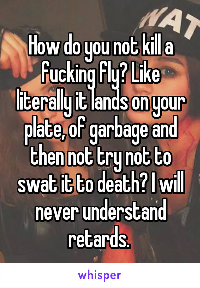 How do you not kill a fucking fly? Like literally it lands on your plate, of garbage and then not try not to swat it to death? I will never understand retards. 