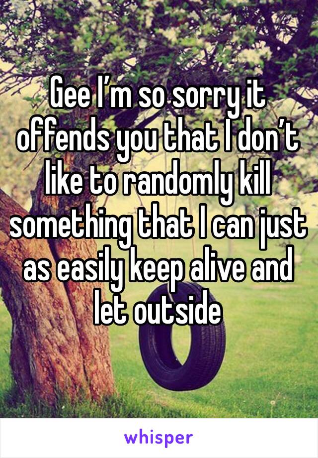 Gee I’m so sorry it offends you that I don’t like to randomly kill something that I can just as easily keep alive and let outside 