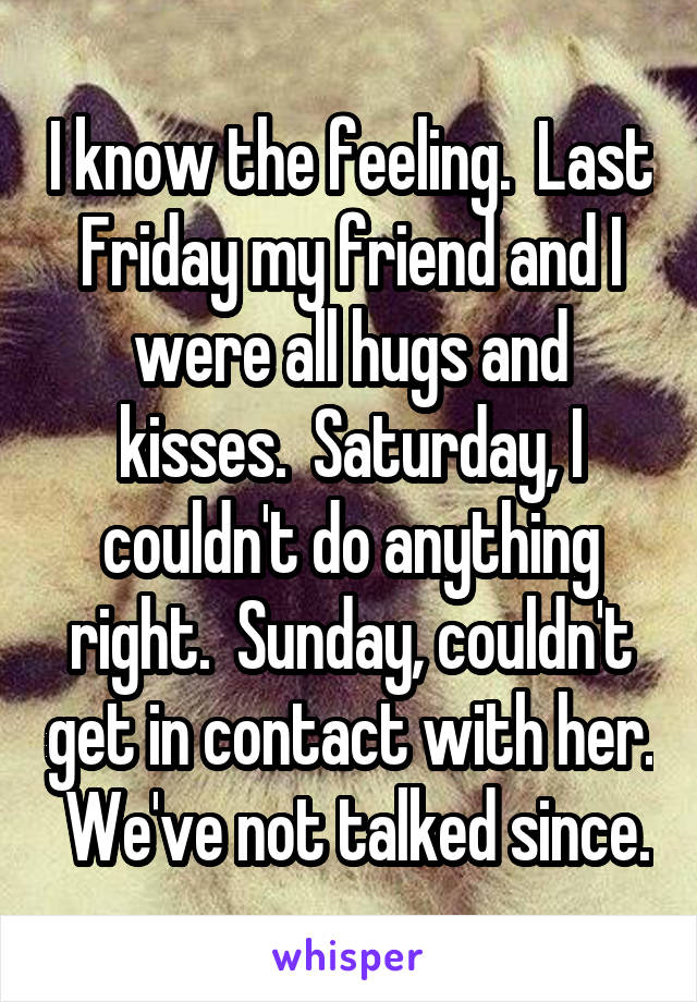 I know the feeling.  Last Friday my friend and I were all hugs and kisses.  Saturday, I couldn't do anything right.  Sunday, couldn't get in contact with her.  We've not talked since.