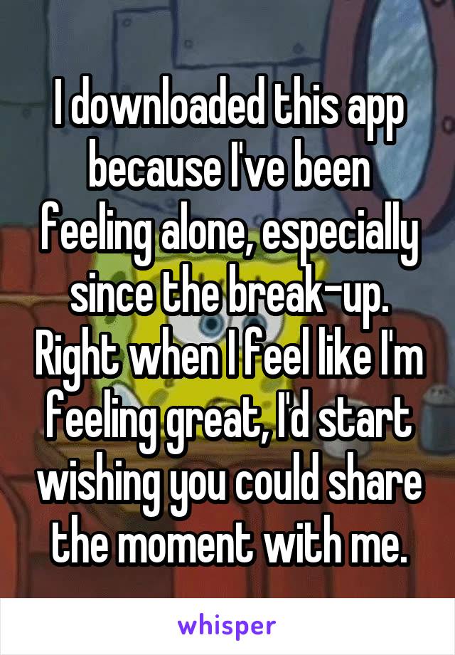 I downloaded this app because I've been feeling alone, especially since the break-up. Right when I feel like I'm feeling great, I'd start wishing you could share the moment with me.