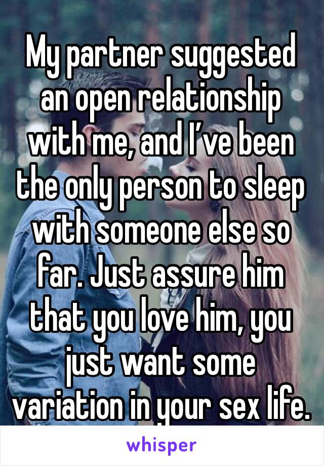 My partner suggested an open relationship with me, and I’ve been the only person to sleep with someone else so far. Just assure him that you love him, you just want some variation in your sex life. 