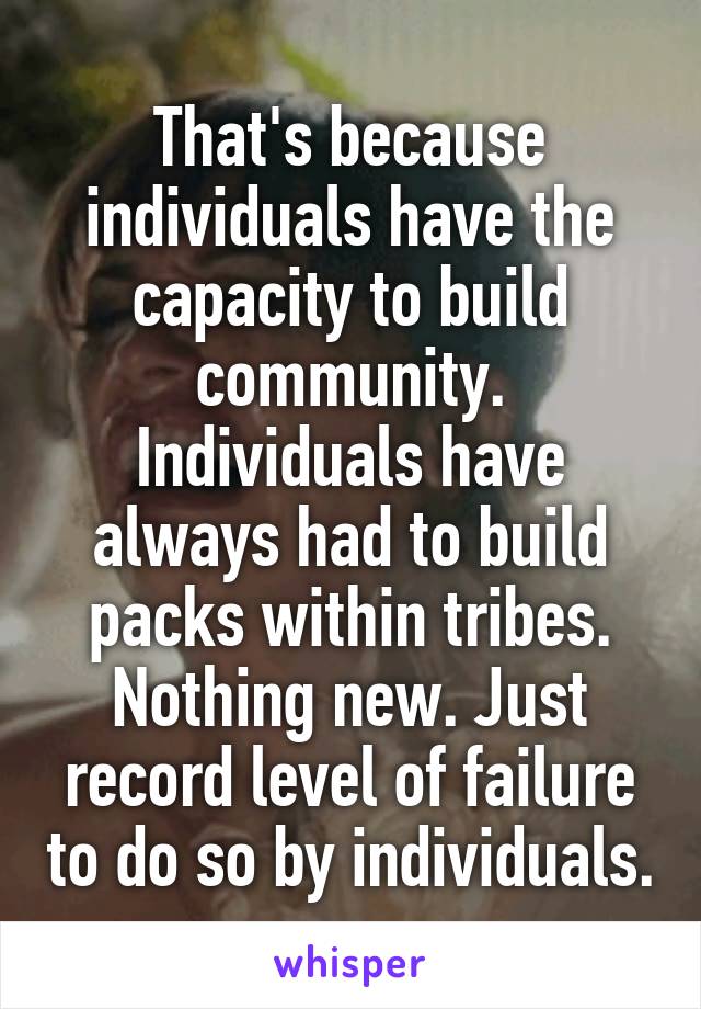 That's because individuals have the capacity to build community. Individuals have always had to build packs within tribes. Nothing new. Just record level of failure to do so by individuals.
