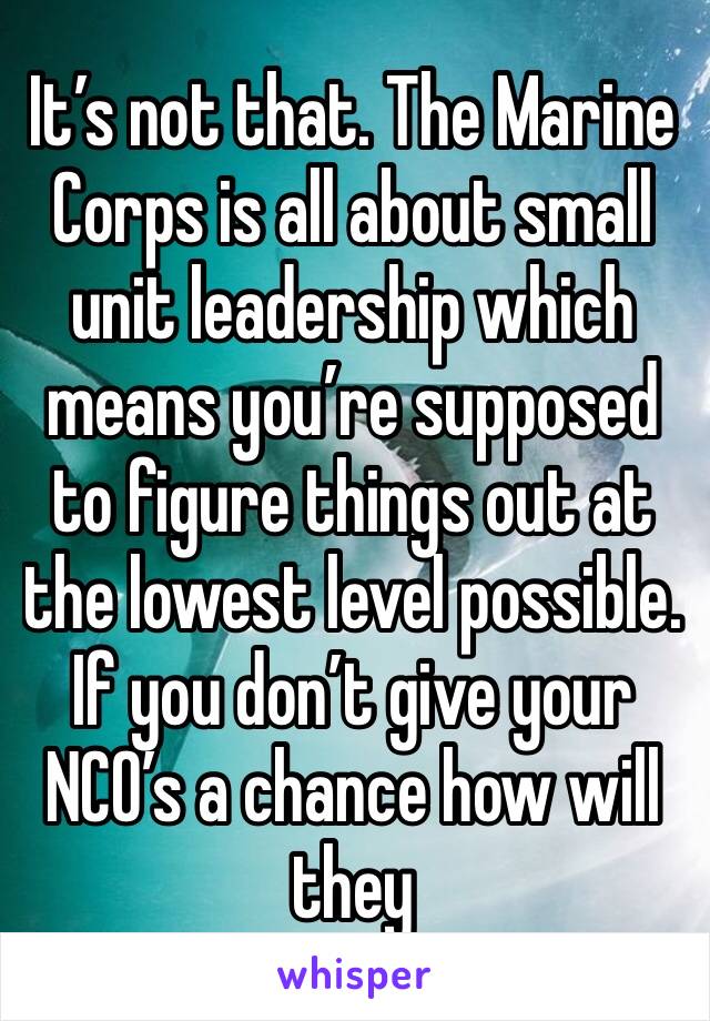 It’s not that. The Marine Corps is all about small unit leadership which means you’re supposed to figure things out at the lowest level possible. If you don’t give your NCO’s a chance how will they