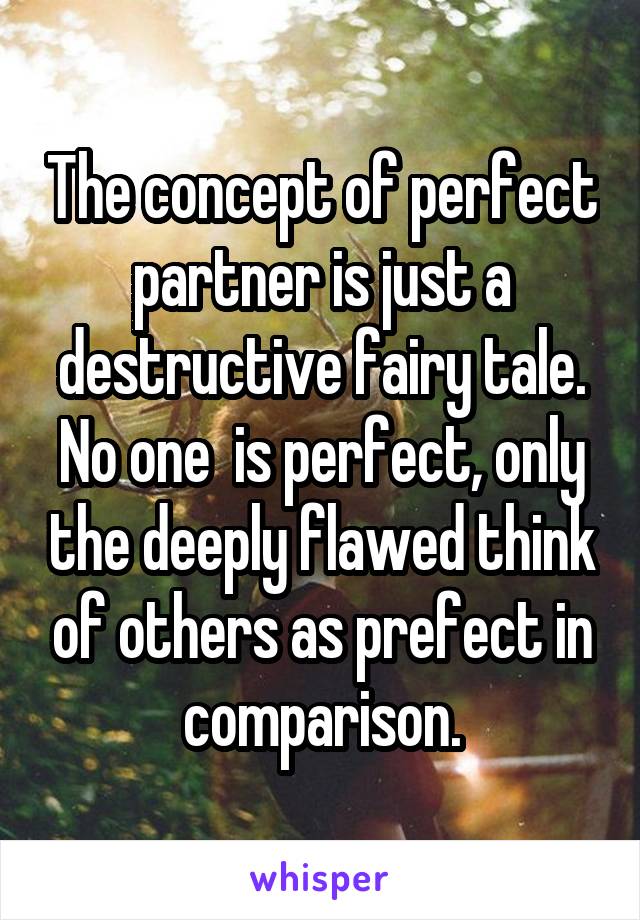 The concept of perfect partner is just a destructive fairy tale.
No one  is perfect, only the deeply flawed think of others as prefect in comparison.