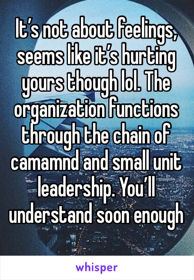 It’s not about feelings, seems like it’s hurting yours though lol. The organization functions through the chain of camamnd and small unit leadership. You’ll understand soon enough 