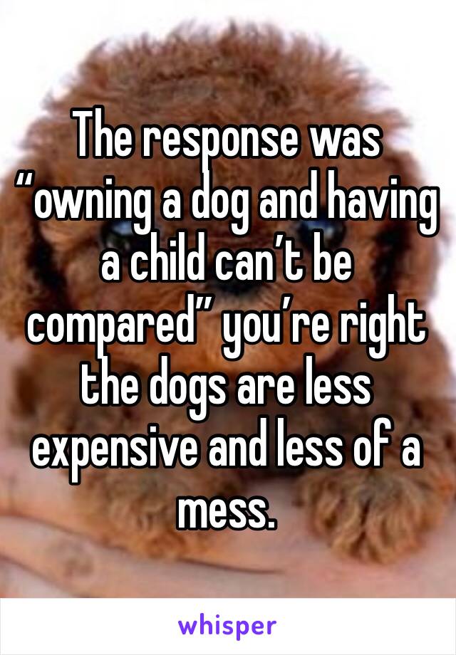 The response was “owning a dog and having a child can’t be compared” you’re right the dogs are less expensive and less of a mess. 