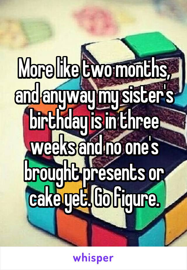 More like two months, and anyway my sister's birthday is in three weeks and no one's brought presents or cake yet. Go figure.