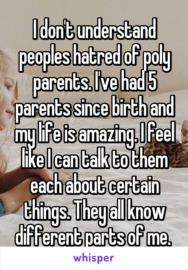 I don't understand peoples hatred of poly parents. I've had 5 parents since birth and my life is amazing. I feel like I can talk to them each about certain things. They all know different parts of me. 