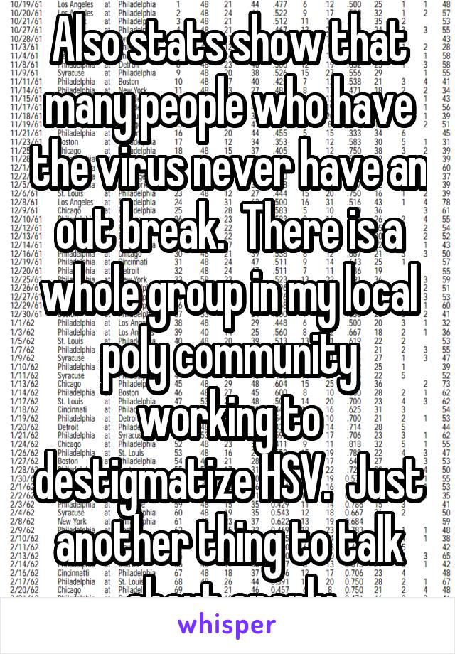 Also stats show that many people who have the virus never have an out break.  There is a whole group in my local poly community working to destigmatize HSV.  Just another thing to talk about openly