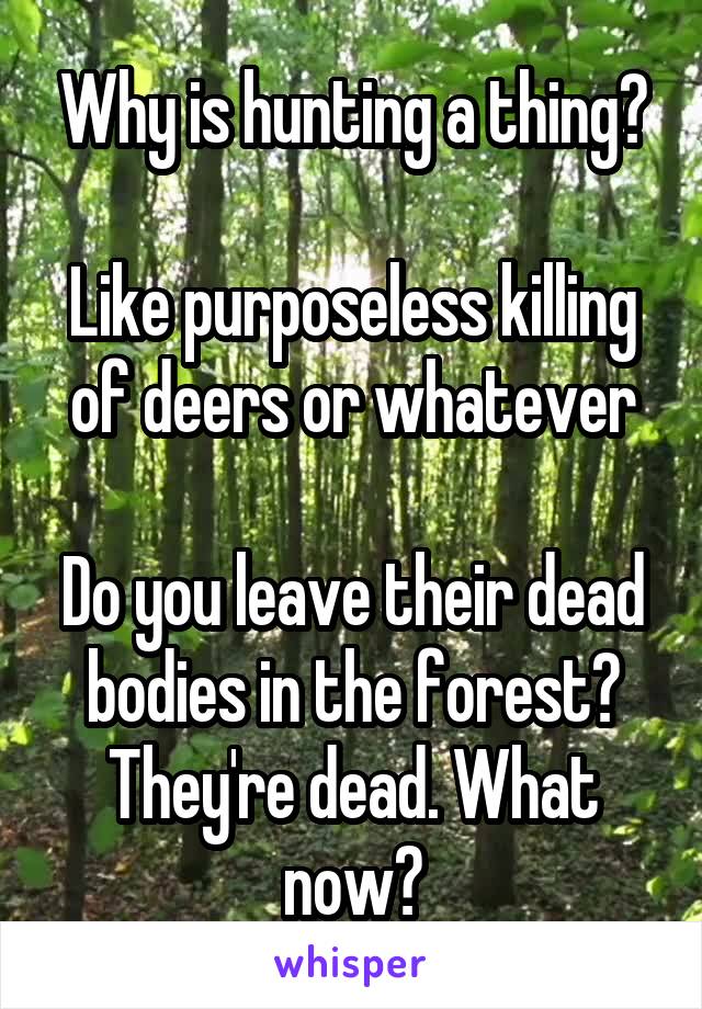 Why is hunting a thing?

Like purposeless killing of deers or whatever

Do you leave their dead bodies in the forest? They're dead. What now?