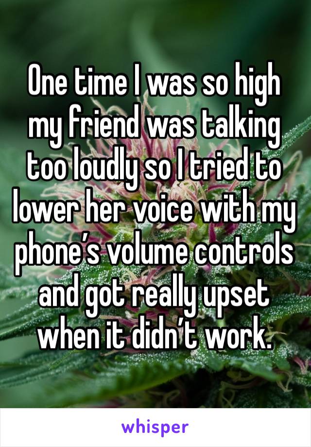 One time I was so high my friend was talking too loudly so I tried to lower her voice with my phone’s volume controls and got really upset when it didn’t work. 