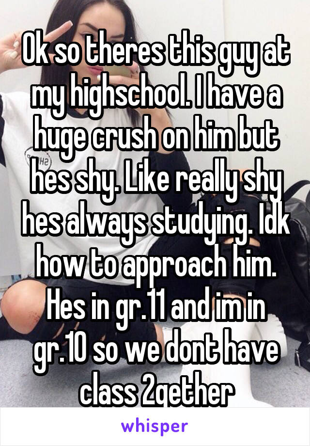 Ok so theres this guy at my highschool. I have a huge crush on him but hes shy. Like really shy hes always studying. Idk how to approach him. Hes in gr.11 and im in gr.10 so we dont have class 2gether