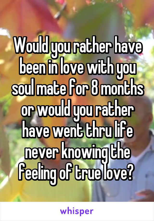 Would you rather have been in love with you soul mate for 8 months or would you rather have went thru life never knowing the feeling of true love? 