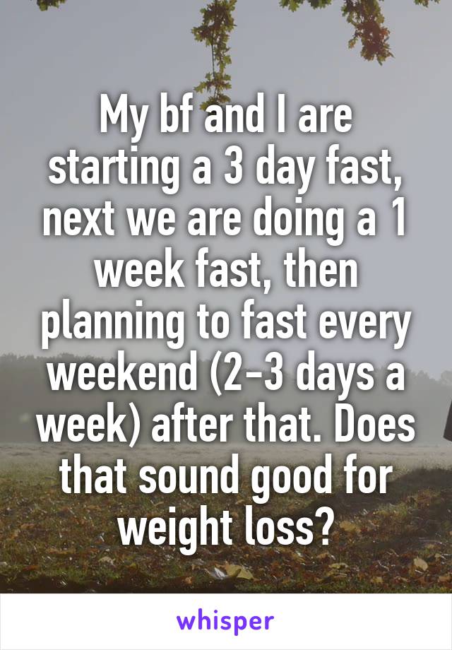 My bf and I are starting a 3 day fast, next we are doing a 1 week fast, then planning to fast every weekend (2-3 days a week) after that. Does that sound good for weight loss?