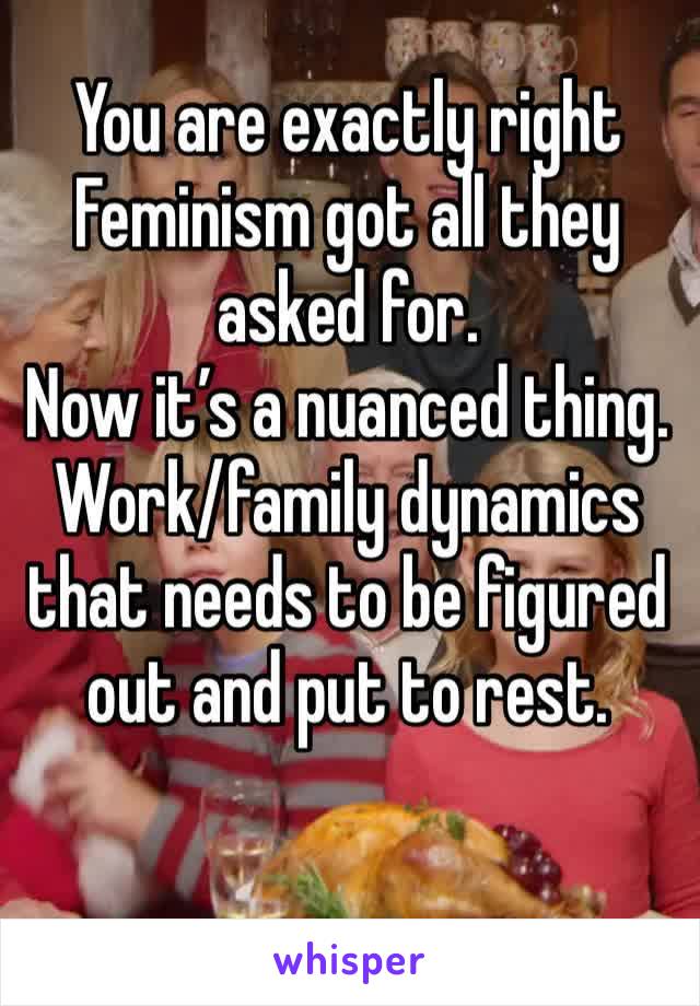 You are exactly right 
Feminism got all they asked for. 
Now it’s a nuanced thing. Work/family dynamics that needs to be figured out and put to rest. 