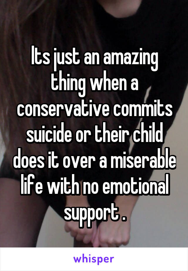 Its just an amazing thing when a conservative commits suicide or their child does it over a miserable life with no emotional support .