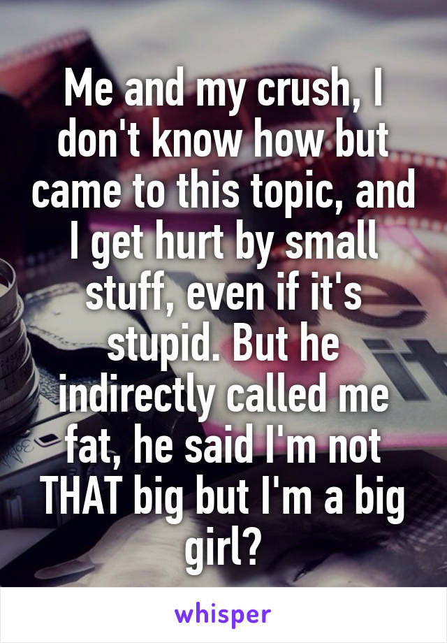 Me and my crush, I don't know how but came to this topic, and I get hurt by small stuff, even if it's stupid. But he indirectly called me fat, he said I'm not THAT big but I'm a big girl?