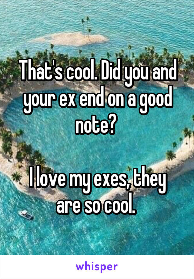 That's cool. Did you and your ex end on a good note? 

I love my exes, they are so cool. 