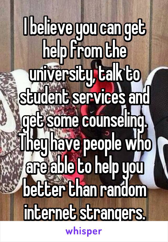 I believe you can get help from the university, talk to student services and get some counseling. They have people who are able to help you better than random internet strangers.